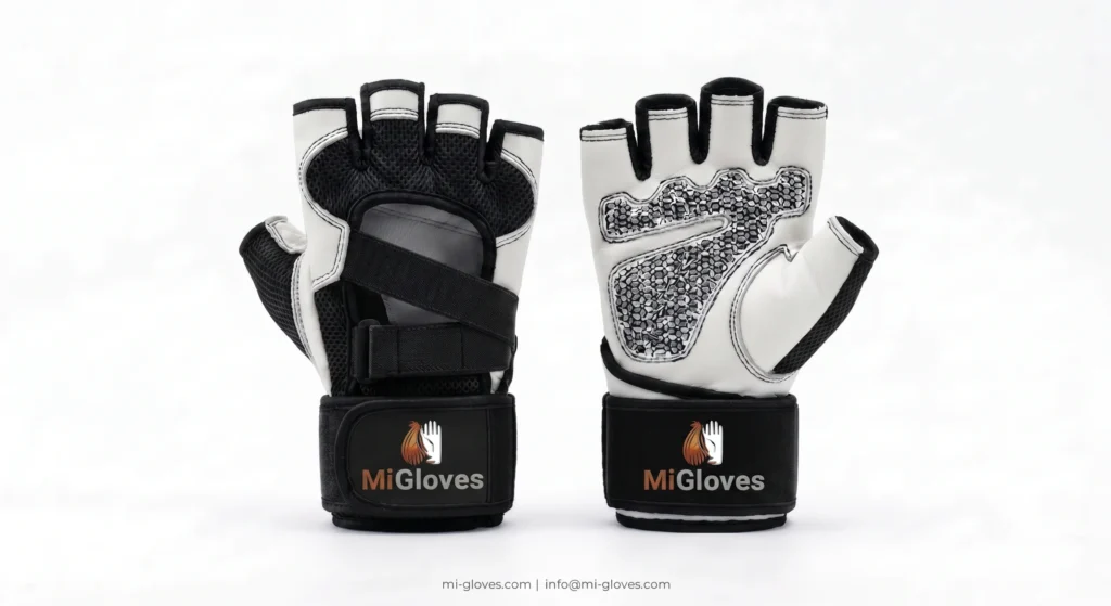 Classic White & Black Half Finger Weight Lifting Gloves – Back Open Training Design