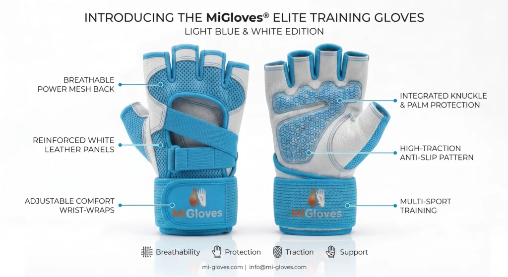 White & Sky Blue Half Finger Weight Lifting Gloves – Back Open Training Design