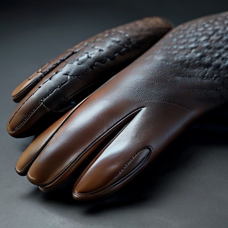 A direct comparison of a classic yellow leather driver glove and a grey synthetic knit glove with a black palm coating.