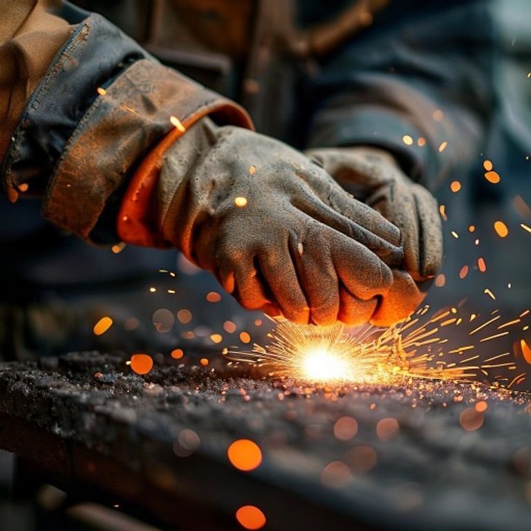 A worker wearing thick leather safety gloves to protect against sparks and heat while grinding steel in a workshop.