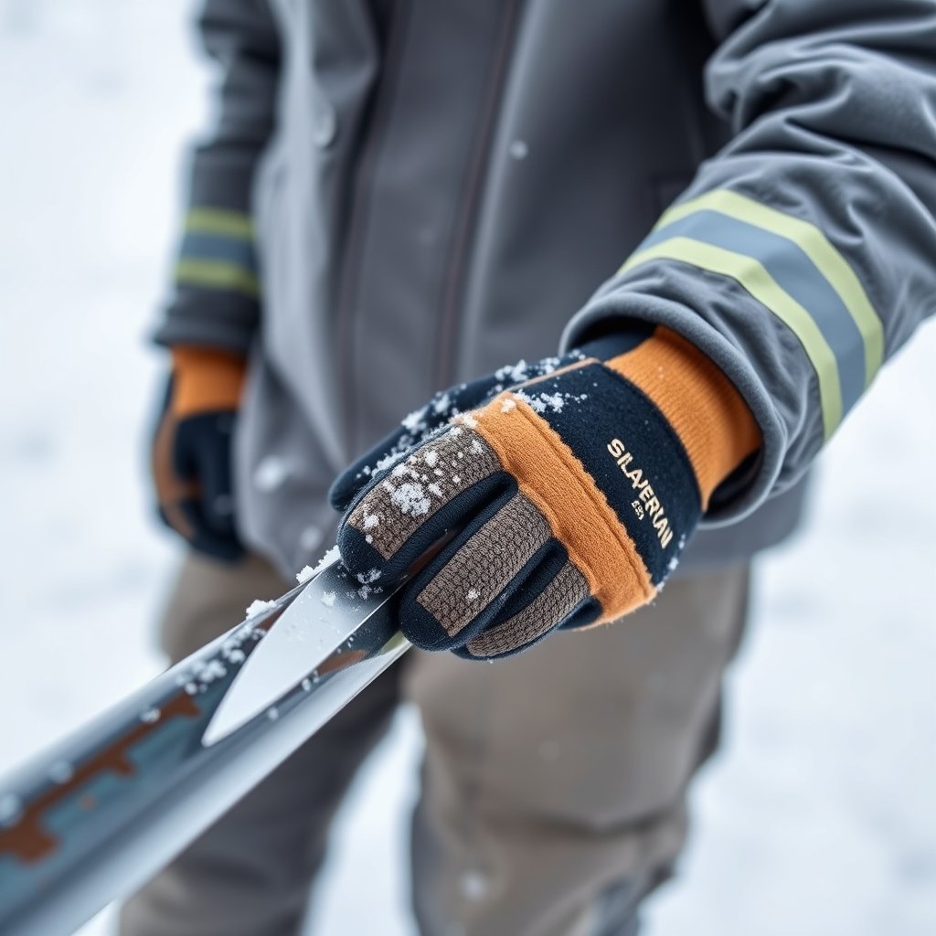 A close-up photograph of a worker in a snowy outdoor setting wearing thick, insulated safety gloves while handling sharp metal piping.
