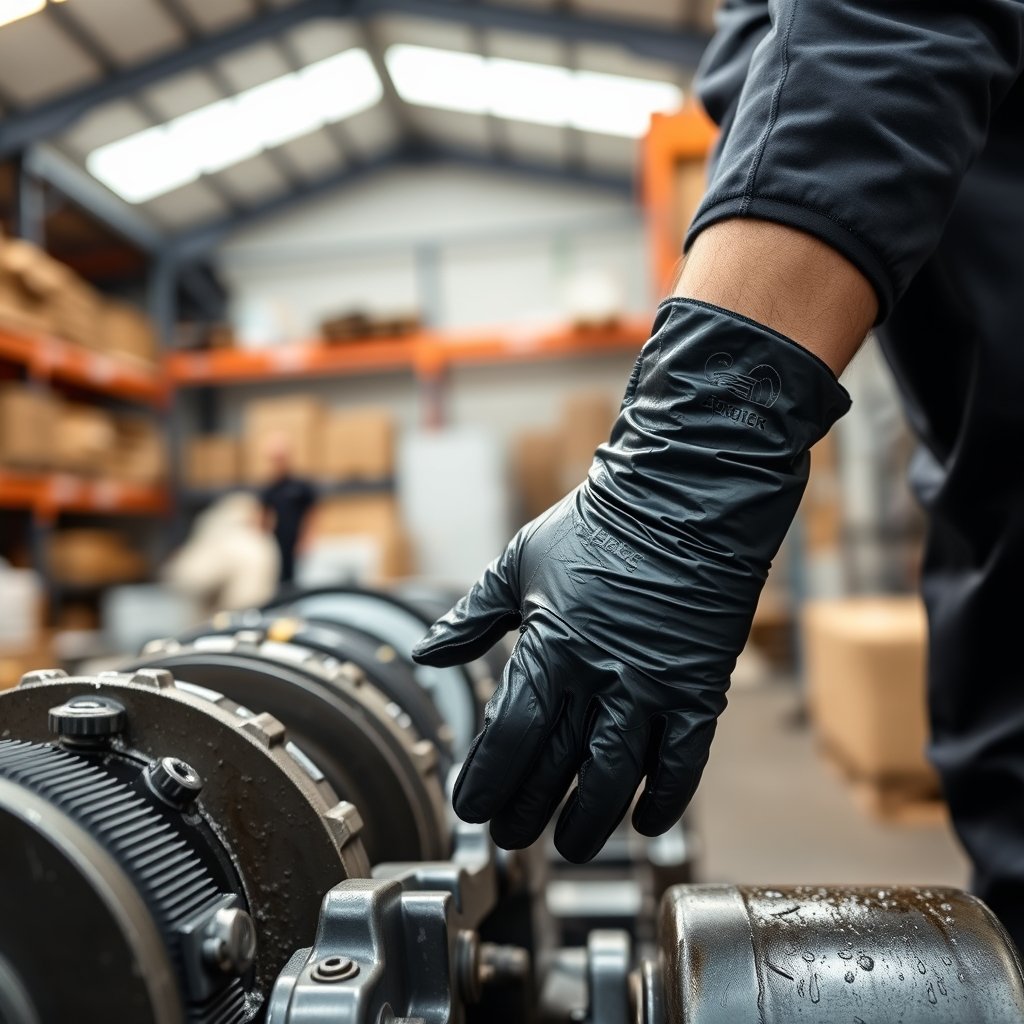 A worker handling wet, oily machinery parts in a warehouse, wearing black nitrile-coated protective gloves that repel liquids.